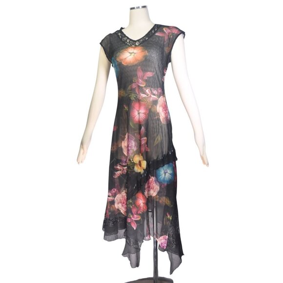Stunning Komarov Dress Sheer Crinkle Floral Print on Black Hanky Hem L - Picture 6 of 6